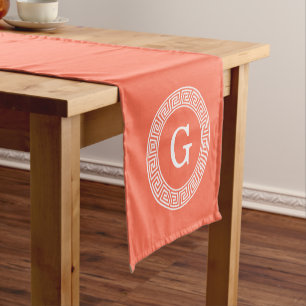 Coral Wht Greek Key Rnd Frame Initial Monogram Short Table Runner