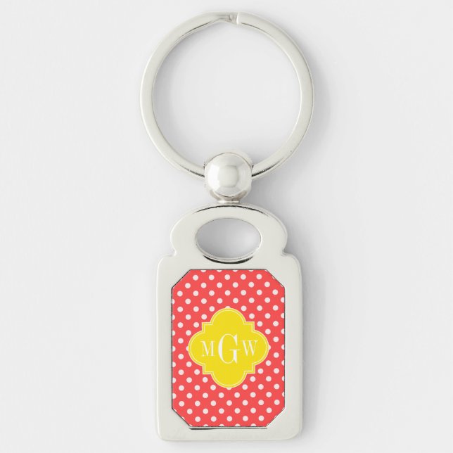 Coral Wht Polka Dots Yellow Quatrefoil 3 Monogram Keychain (Front)