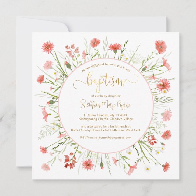 Coral Wildflower Baptism Announcement Gold Font (Front)