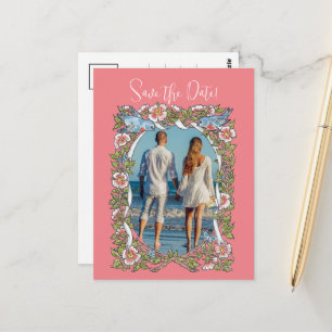 Coral Wildflower Bird Border Save the Date Photo Postcard