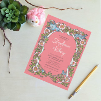 Coral Wildflower Bird Floral Border Boho Wedding Invitation