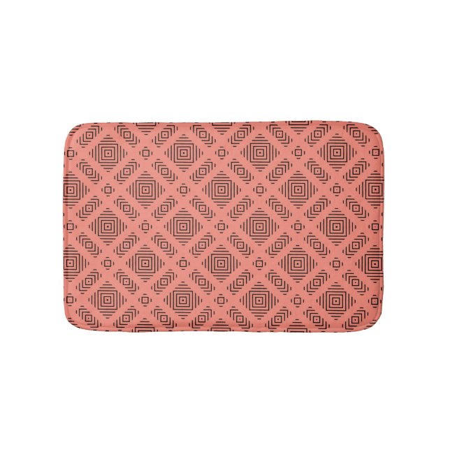 Coral with black geometric pattern bath mat (Front)