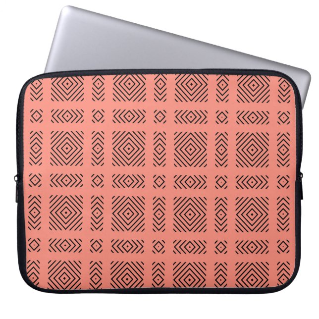Coral with black geometric pattern laptop sleeve (Front)