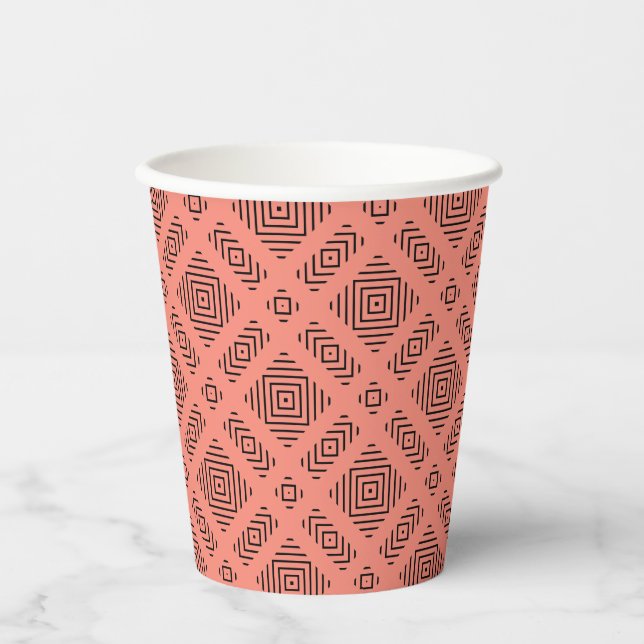 Coral with black geometric pattern paper cups (Front)