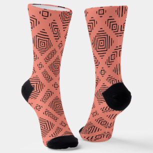 Coral with black geometric pattern socks