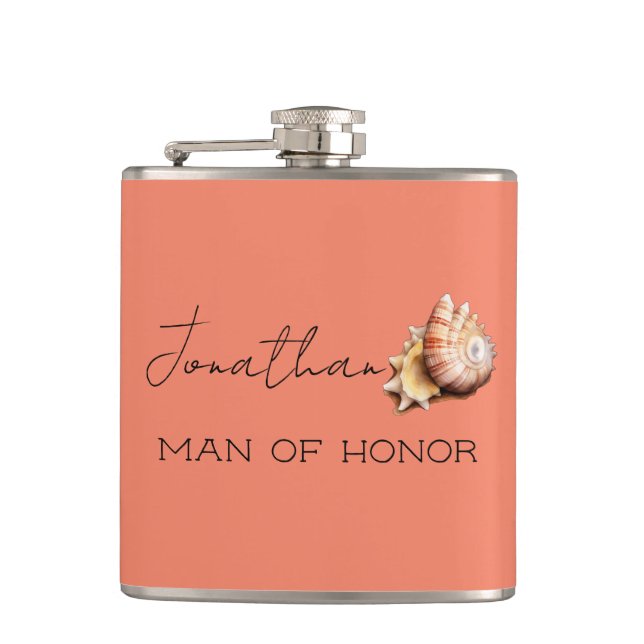 Coral with Shell Personalized Man of Honour  Flask (Front)