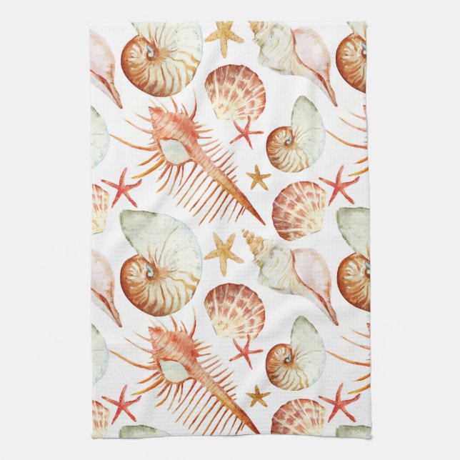 Coral With Shells And Crabs Pattern Kitchen Towel (Vertical)