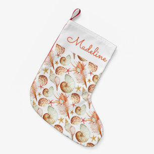 Coral With Shells & Crabs Pattern Add Your Name Small Christmas Stocking