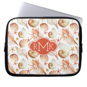 Coral With Shells & Crabs Pattern   Monogram Laptop Sleeve