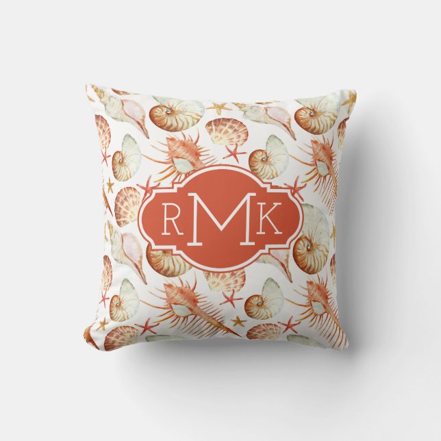 Coral With Shells & Crabs Pattern | Monogram Throw Pillow (Front)