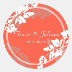 Coral Woodland Leaf Monogram Classic Round Sticker