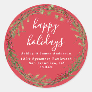 Coral Wreath Holiday Return Address Classic Round Sticker