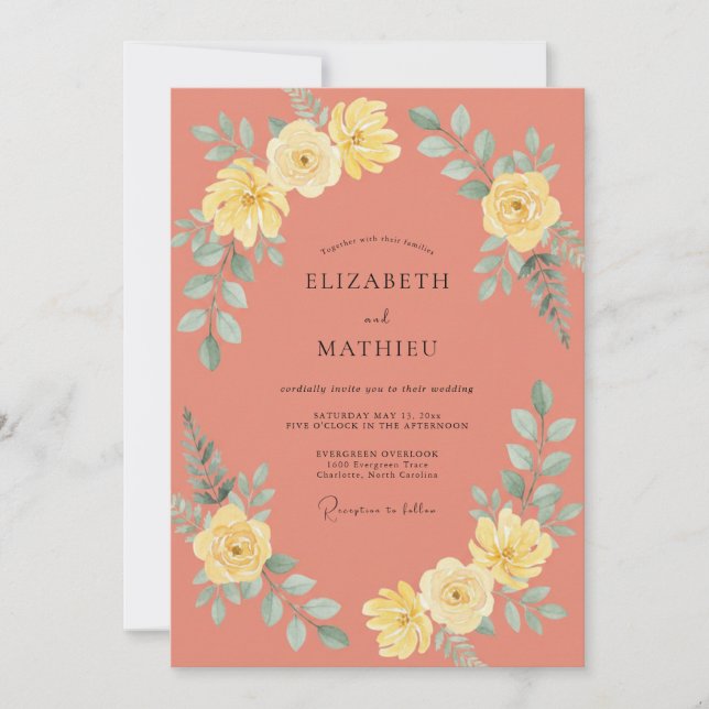 Coral Yellow Blossom Wedding Invitation (Front)