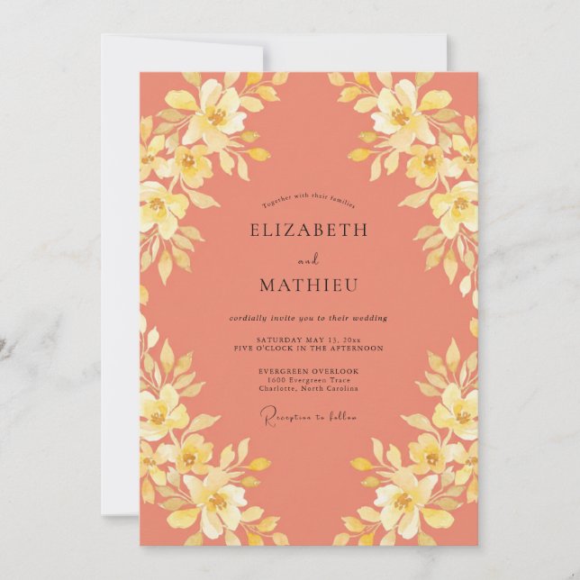 Coral Yellow Botanical Wedding Invitation (Front)