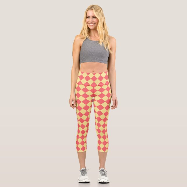 Coral Yellow Chequered Diamond Pattern  Capri Leggings (Front)