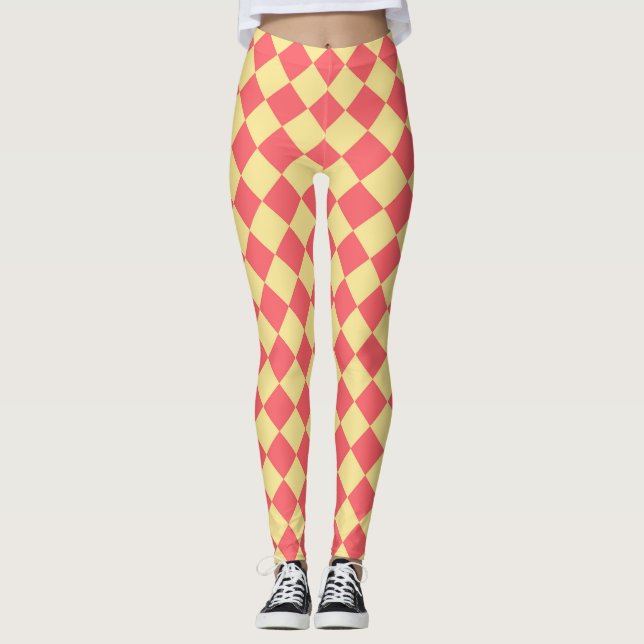 Coral Yellow Chequered Diamond Pattern  Leggings (Front)