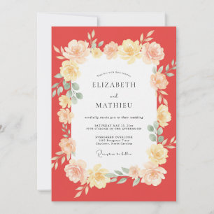 Coral Yellow Ranunculus Dusty Eucalyptus Wedding Invitation