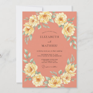 Coral Yellow Ranunculus Muted Eucalyptus Wedding Invitation