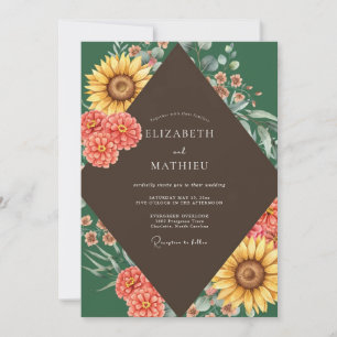 Coral Yellow Sunflower Eucalyptus Wedding Invitation