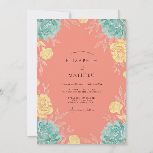 Coral Yellow Wreath Wedding Invitation (Front)
