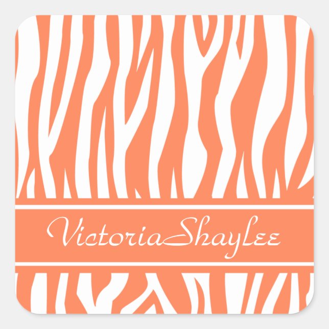 Coral Zebra Print with custom text Square Sticker (Front)