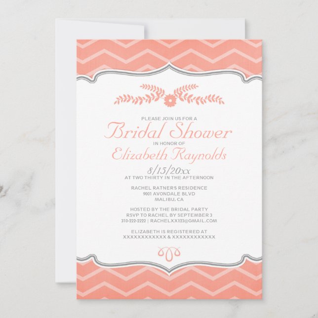 Coral Zigzag Bridal Shower Invitations (Front)