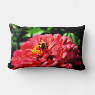 Coral zinnia with bumblebee lumbar pillow