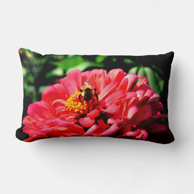 Coral zinnia with bumblebee lumbar pillow (Front)