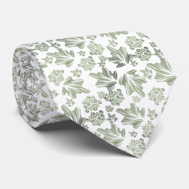 Corbata blanca elegante con hojas verdes tie (Rolled)