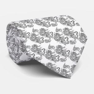 Corbata elegante blanco con dragón negro tie