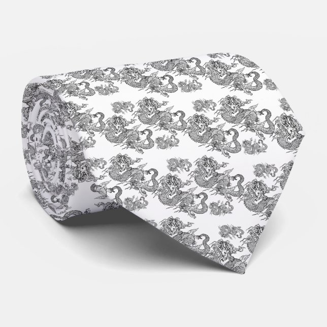 Corbata elegante blanco con dragón negro tie (Rolled)