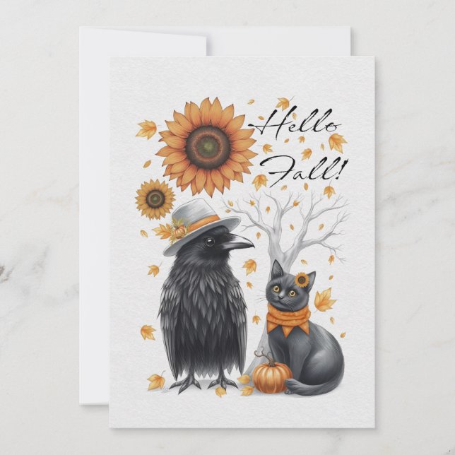 Corbeau et chat Automne Thanksgiving Carte de voeu (Devant)