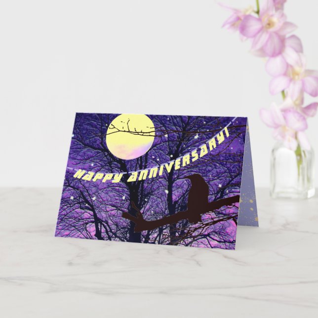 Corbeau, Lune, Soleil, Étoiles, Carte Anniversaire (Orchidée)
