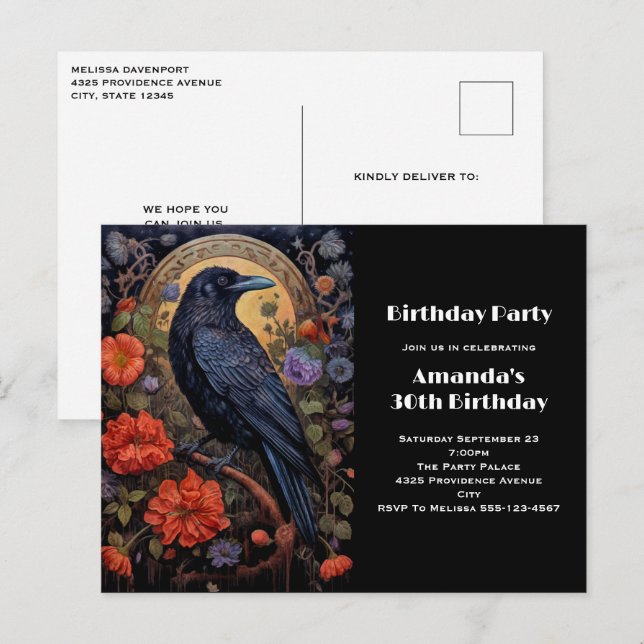 Corbeau noir avec fleurs Invitation gothique (Devant / Derrière)