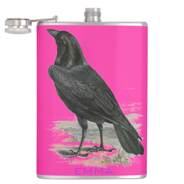 Corbeau noir Personnalisez le flacon de nom rose (Ouvert)