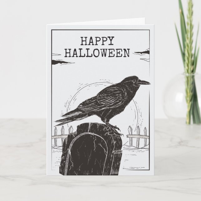 Corbeau sur une carte de voeux d'Halloween gravée (Devant)