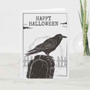 Corbeau sur une carte de voeux d'Halloween gravée