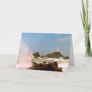 Corbiere Lighthouse in a winter storm Holiday Card