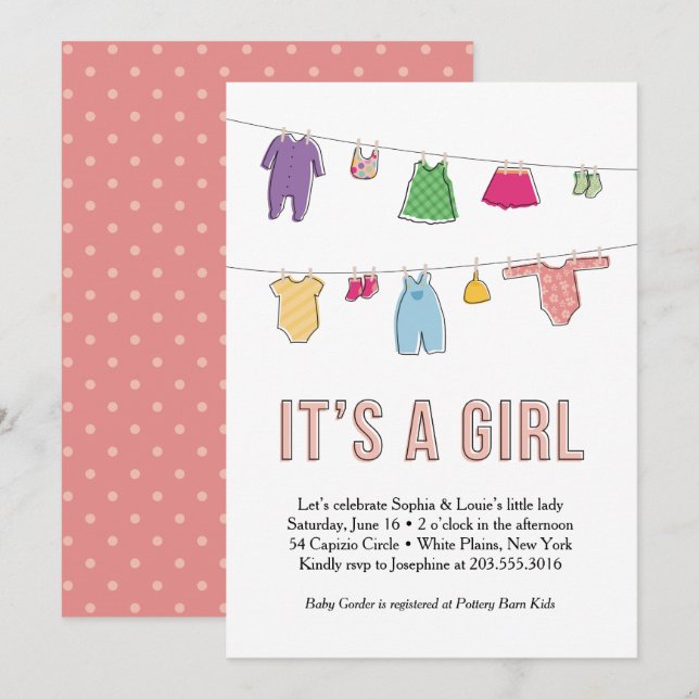 Corde à linge invitation de baby shower, fille (Devant / Derrière)