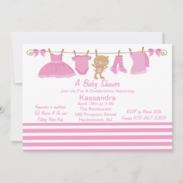 Corde à linge rose de bébé invitation de baby (Devant)