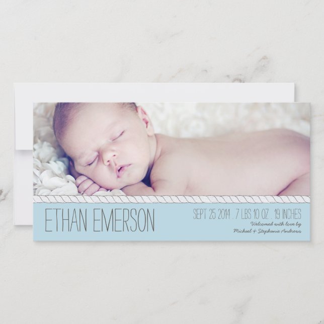 Corded Blue Baby Boy Photo Birth Announcement (Front)