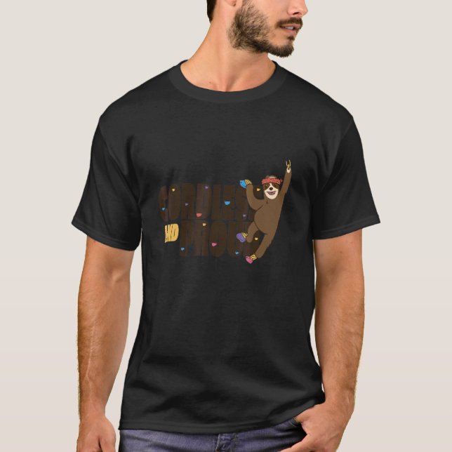 Cordless And Proud Sloth Climbing Cool Fun Retro T-Shirt (Front)