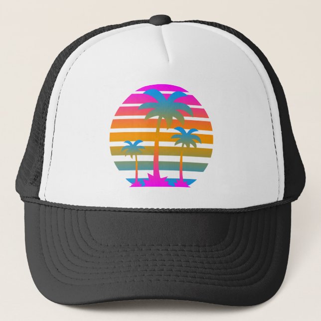 Corey Tiger 80s Retro Sunset Palm Trees Trucker Hat (Front)