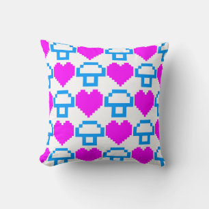 Corey Tiger 80s Vintage Pixel Hearts Mushrooms Throw Pillow