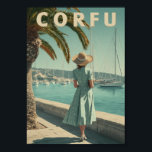 Corfu 50s vintage travel poster<br><div class="desc">This elegant vintage poster showcases a woman in a flowing 1950s dress enjoying the scenic charm of Corfu. Set against a backdrop of pastel-coloured buildings, sunlit hills, and the sparkling Ionian Sea, the scene captures the relaxed glamour of mid-century Mediterranean travel. Warm retro tones and nostalgic textures evoke the timeless...</div>