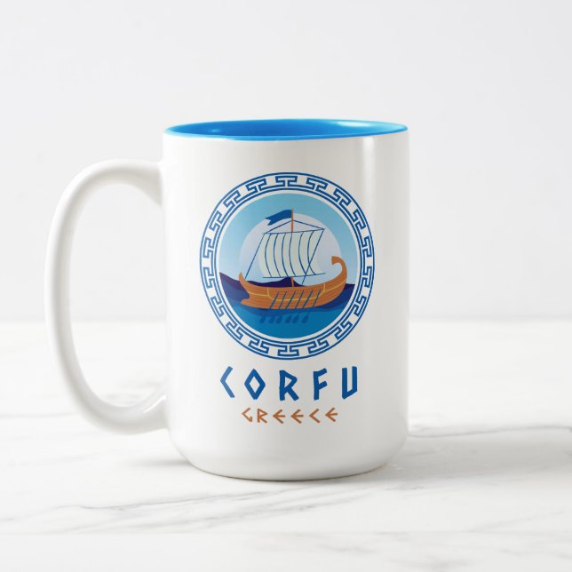 Corfu, Greece Greek Ship Design Two-Tone Coffee Mug (Left)
