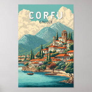 Corfu Greece Illustration Travel Art Vintage Poster