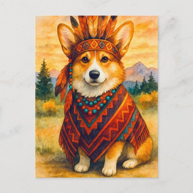 Corgi American Indian Happy Thanksgiving Postcard (Front)