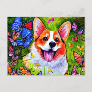 Corgi and butterfly art postcard