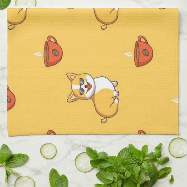 Corgi And Coffee Pattern Kitchen Towel (Folded)